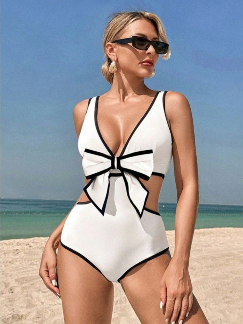 White Bow One-Piece Swimsuit with Black Trim - Women Swim